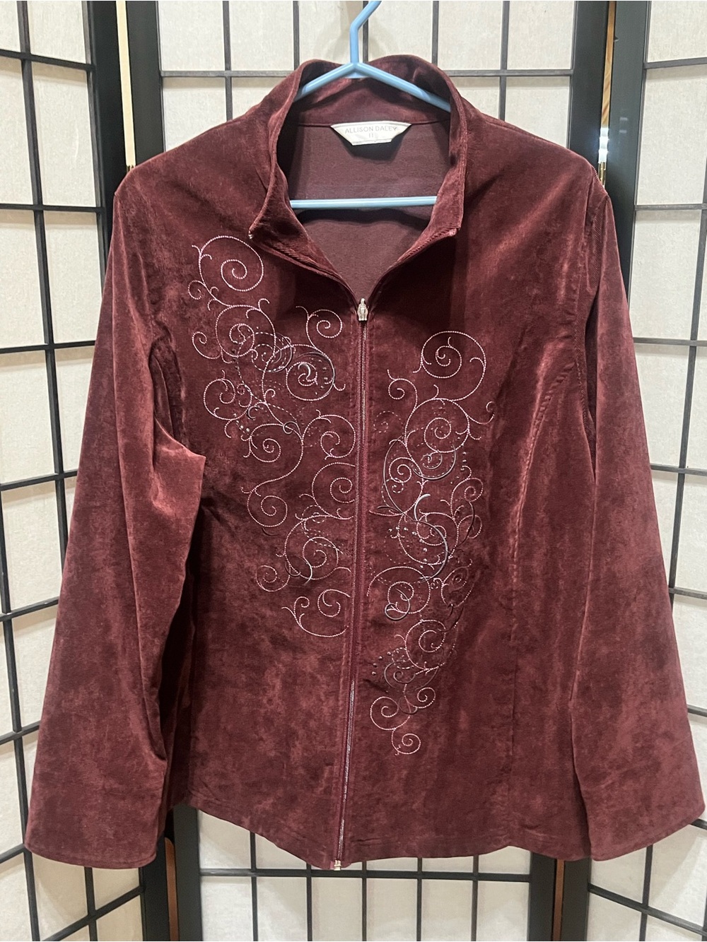 Allison Daley Wine CORDUROY /Velour Zip Jacket with Embroidered Swirls SIZE 20w